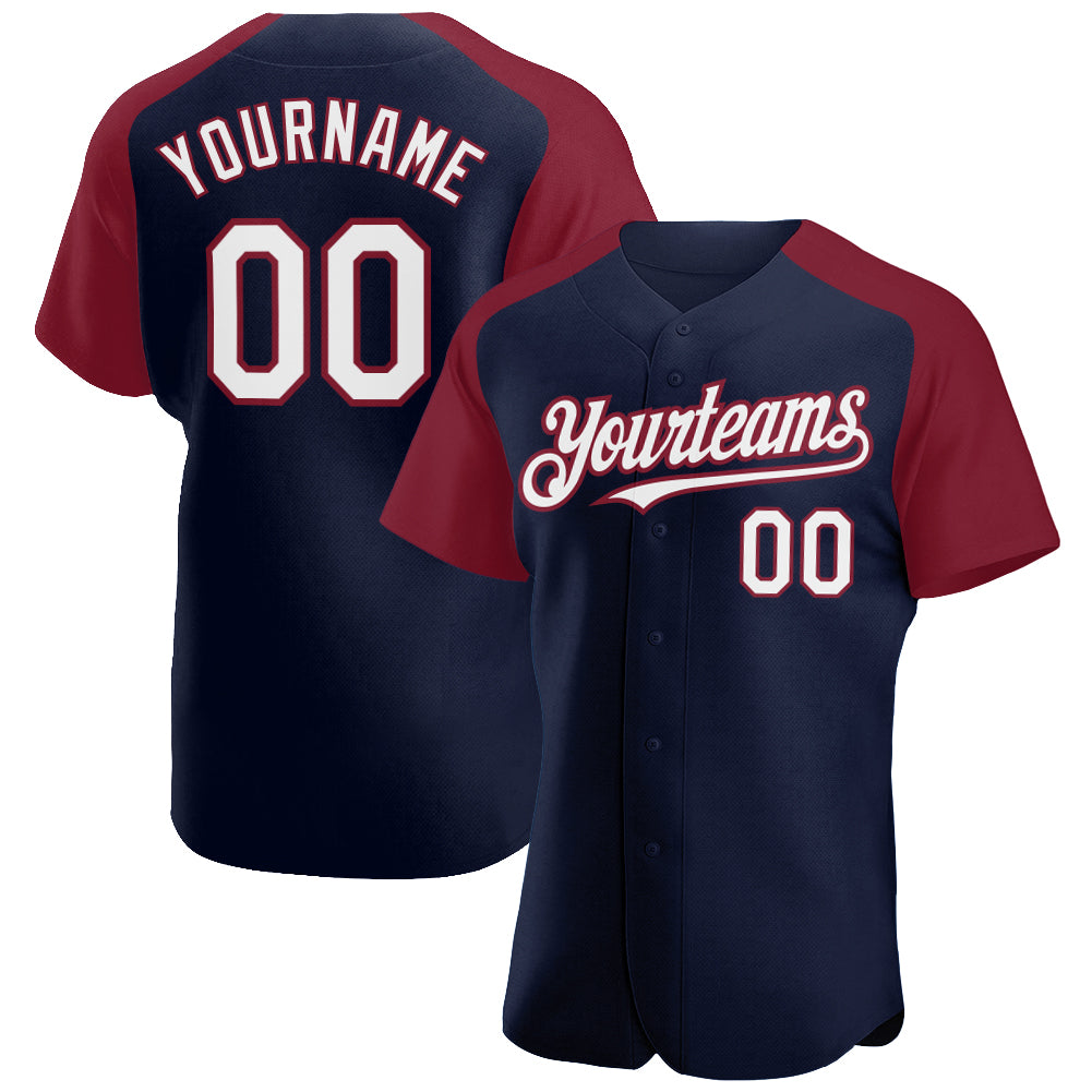 Custom Navy White-Crimson Authentic Raglan Sleeves Baseball Jersey