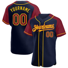 Загрузить изображение в средство просмотра галереи, Custom Navy Crimson-Yellow Authentic Raglan Sleeves Baseball Jersey
