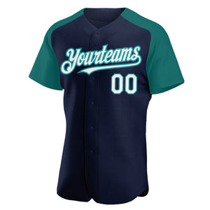 Custom Navy White-Teal Authentic Raglan Sleeves Baseball Jersey