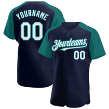 Загрузить изображение в средство просмотра галереи, Custom Navy White-Teal Authentic Raglan Sleeves Baseball Jersey
