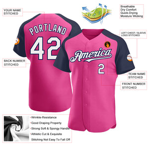 Custom Pink White-Navy Authentic Raglan Sleeves Baseball Jersey