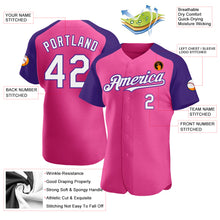 Laden Sie das Bild in den Galerie-Viewer, Custom Pink White-Purple Authentic Raglan Sleeves Baseball Jersey
