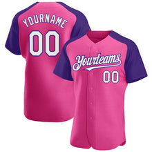 Laden Sie das Bild in den Galerie-Viewer, Custom Pink White-Purple Authentic Raglan Sleeves Baseball Jersey
