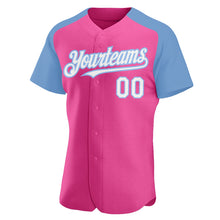 Загрузить изображение в средство просмотра галереи, Custom Pink White-Light Blue Authentic Raglan Sleeves Baseball Jersey
