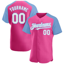 Загрузить изображение в средство просмотра галереи, Custom Pink White-Light Blue Authentic Raglan Sleeves Baseball Jersey
