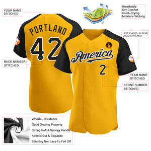 Custom Gold Black-White Authentic Raglan Sleeves Baseball Jersey