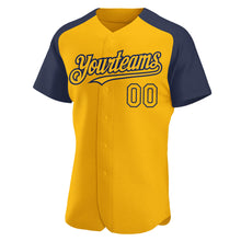 Загрузить изображение в средство просмотра галереи, Custom Gold Navy Authentic Raglan Sleeves Baseball Jersey
