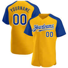 Загрузить изображение в средство просмотра галереи, Custom Gold Royal-White Authentic Raglan Sleeves Baseball Jersey
