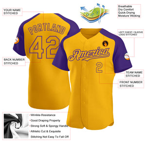 Custom Gold Purple Authentic Raglan Sleeves Baseball Jersey