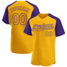 Загрузить изображение в средство просмотра галереи, Custom Gold Purple Authentic Raglan Sleeves Baseball Jersey
