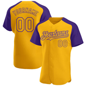 Custom Gold Purple Authentic Raglan Sleeves Baseball Jersey