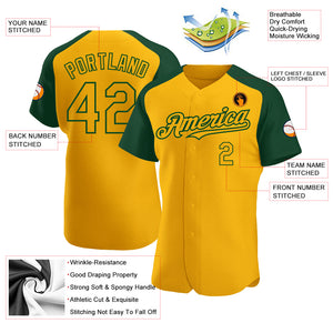 Custom Gold Green Authentic Raglan Sleeves Baseball Jersey