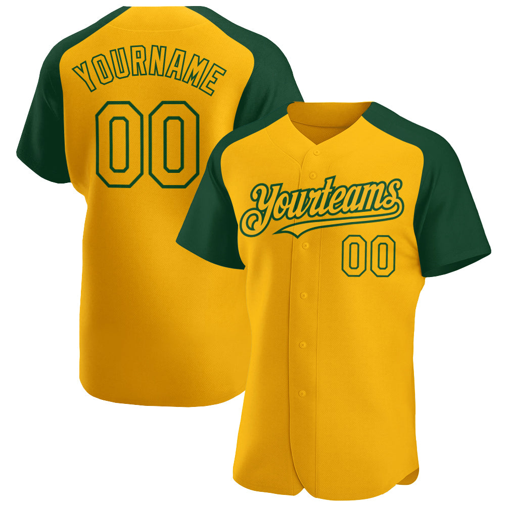 Custom Gold Green Authentic Raglan Sleeves Baseball Jersey