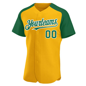 Custom Gold Kelly Green-White Authentic Raglan Sleeves Baseball Jersey