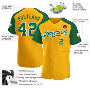 Custom Gold Kelly Green-White Authentic Raglan Sleeves Baseball Jersey