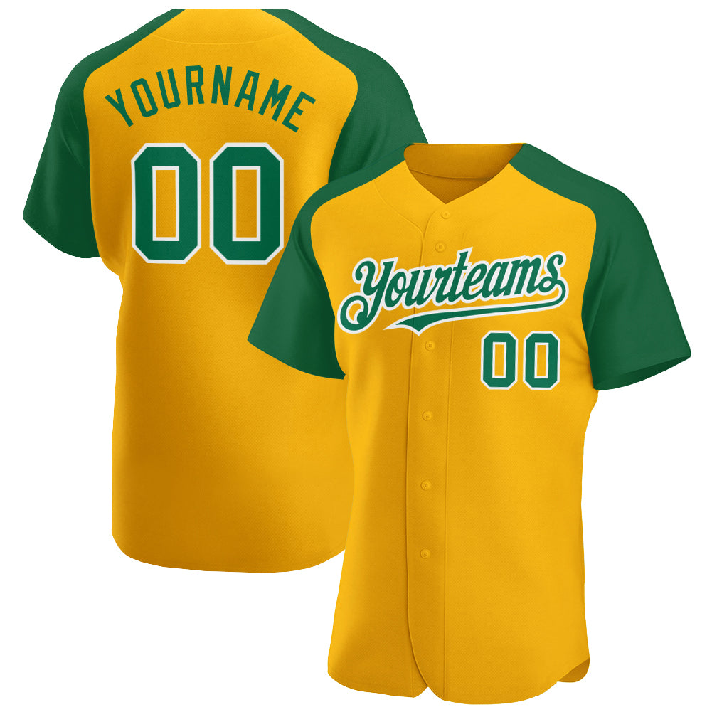 Custom Raglan Sleeves Baseball Jersey White Green-Gold Authentic