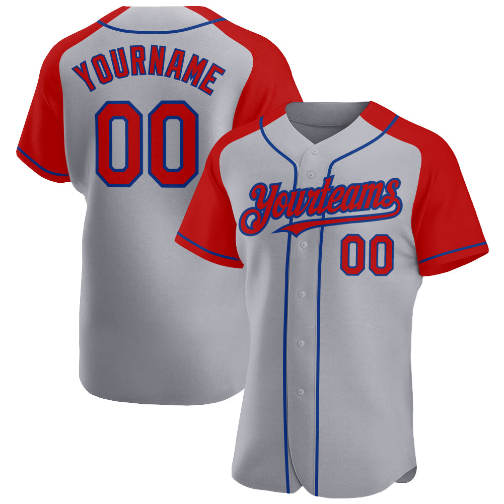 Custom Gray Red-Royal Authentic Raglan Sleeves Baseball Jersey