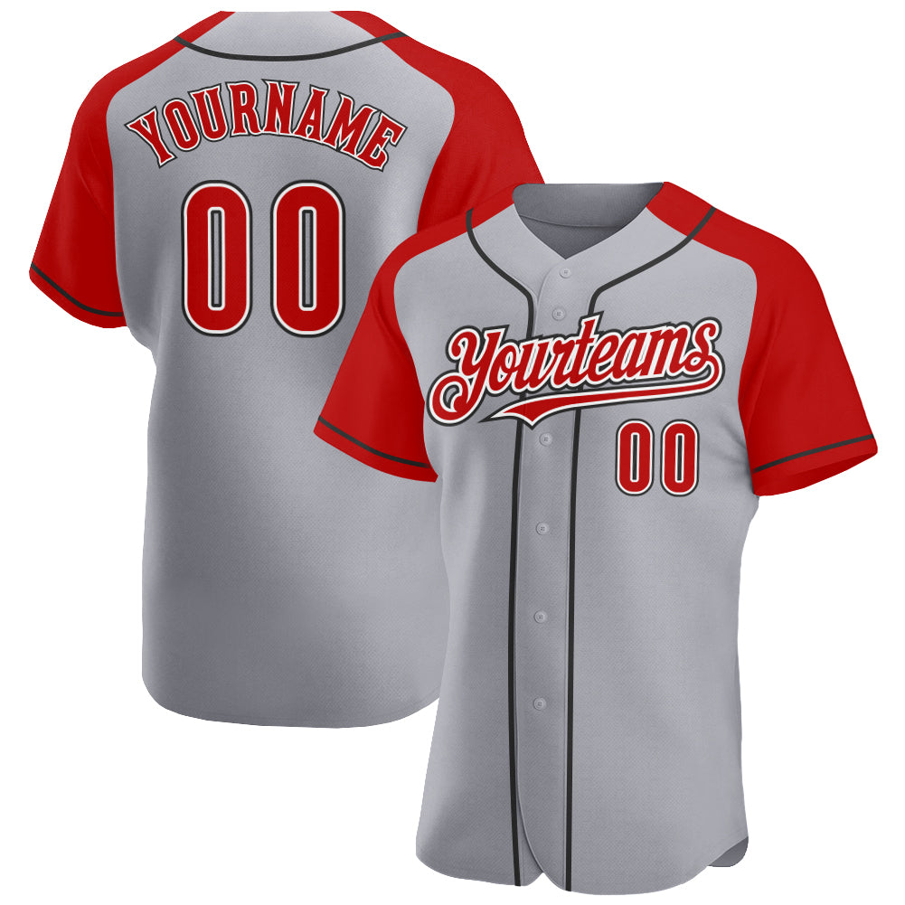 Custom Gray Red-Black Authentic Raglan Sleeves Baseball Jersey