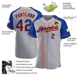 Custom Gray Royal-Orange Authentic Raglan Sleeves Baseball Jersey