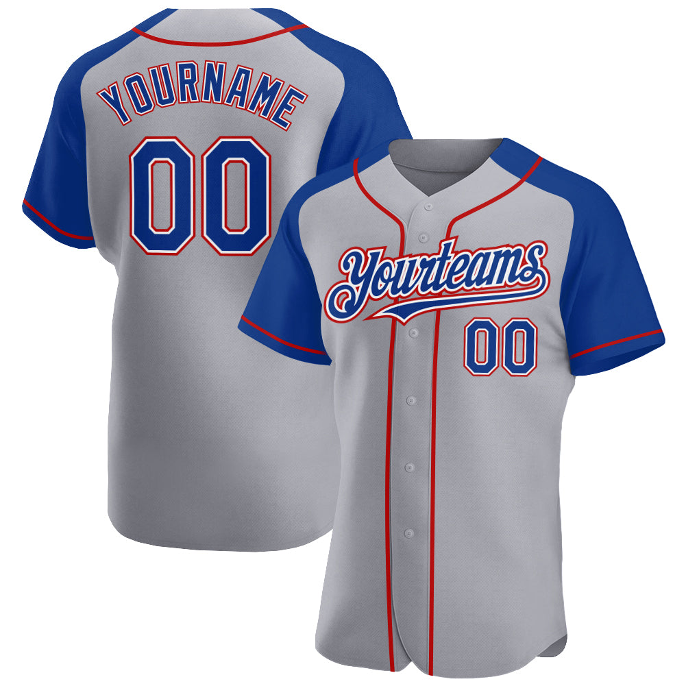 Custom Gray Royal-Red Authentic Raglan Sleeves Baseball Jersey