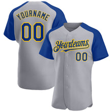 Загрузить изображение в средство просмотра галереи, Custom Gray Royal-Yellow Authentic Raglan Sleeves Baseball Jersey
