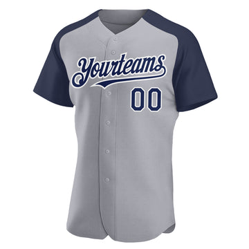 Custom Gray Navy-White Authentic Raglan Sleeves Baseball Jersey