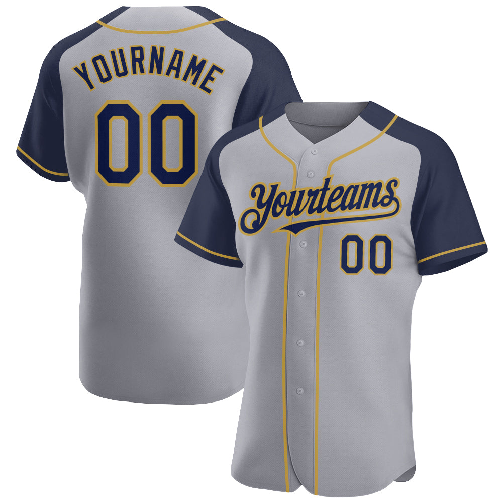 Custom Gray Navy-Old Gold Authentic Raglan Sleeves Baseball Jersey