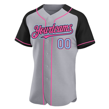 Custom Gray Light Blue Black-Pink Authentic Raglan Sleeves Baseball Jersey