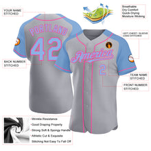 Загрузить изображение в средство просмотра галереи, Custom Gray Light Blue-Pink Authentic Raglan Sleeves Baseball Jersey
