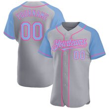 Загрузить изображение в средство просмотра галереи, Custom Gray Light Blue-Pink Authentic Raglan Sleeves Baseball Jersey
