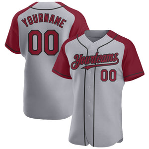 Custom Gray Crimson-Black Authentic Raglan Sleeves Baseball Jersey