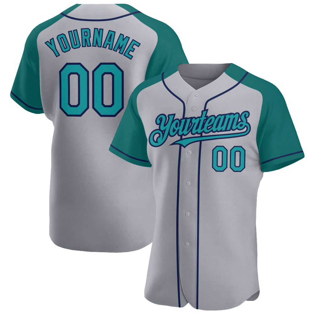 Custom Gray Teal-Navy Authentic Raglan Sleeves Baseball Jersey