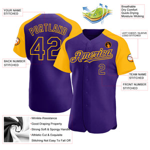 Custom Purple Gold Authentic Raglan Sleeves Baseball Jersey