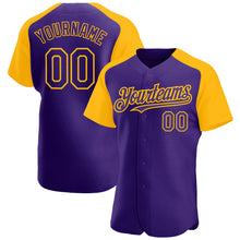 Загрузить изображение в средство просмотра галереи, Custom Purple Gold Authentic Raglan Sleeves Baseball Jersey
