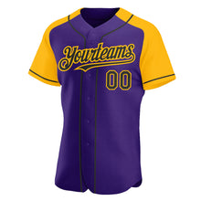 Загрузить изображение в средство просмотра галереи, Custom Purple Black-Gold Authentic Raglan Sleeves Baseball Jersey
