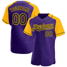 Загрузить изображение в средство просмотра галереи, Custom Purple Black-Gold Authentic Raglan Sleeves Baseball Jersey
