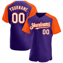 Загрузить изображение в средство просмотра галереи, Custom Purple White-Orange Authentic Raglan Sleeves Baseball Jersey
