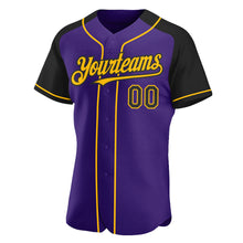 Загрузить изображение в средство просмотра галереи, Custom Purple Black-Gold Authentic Raglan Sleeves Baseball Jersey
