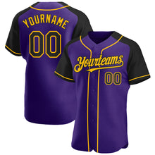 Загрузить изображение в средство просмотра галереи, Custom Purple Black-Gold Authentic Raglan Sleeves Baseball Jersey
