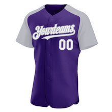 Загрузить изображение в средство просмотра галереи, Custom Purple White-Gray Authentic Raglan Sleeves Baseball Jersey
