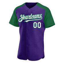 Загрузить изображение в средство просмотра галереи, Custom Purple White-Kelly Green Authentic Raglan Sleeves Baseball Jersey
