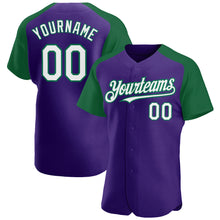 Загрузить изображение в средство просмотра галереи, Custom Purple White-Kelly Green Authentic Raglan Sleeves Baseball Jersey
