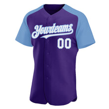 Загрузить изображение в средство просмотра галереи, Custom Purple White-Light Blue Authentic Raglan Sleeves Baseball Jersey
