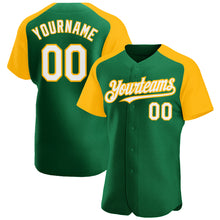 Загрузить изображение в средство просмотра галереи, Custom Kelly Green White-Gold Authentic Raglan Sleeves Baseball Jersey
