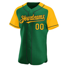 Загрузить изображение в средство просмотра галереи, Custom Kelly Green Gold-Black Authentic Raglan Sleeves Baseball Jersey
