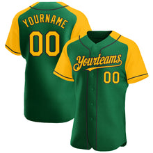 Загрузить изображение в средство просмотра галереи, Custom Kelly Green Gold-Black Authentic Raglan Sleeves Baseball Jersey
