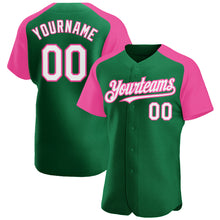 Загрузить изображение в средство просмотра галереи, Custom Kelly Green White-Pink Authentic Raglan Sleeves Baseball Jersey
