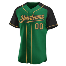 Charger l&#39;image dans la galerie, Custom Kelly Green Old Gold-Black Authentic Raglan Sleeves Baseball Jersey
