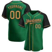 Charger l&#39;image dans la galerie, Custom Kelly Green Old Gold-Black Authentic Raglan Sleeves Baseball Jersey
