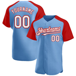 Custom Light Blue White-Red Authentic Raglan Sleeves Baseball Jersey